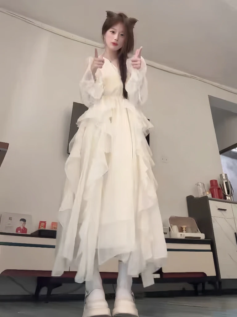 

Elegant White Long Sleeve Dress Spring Autumn Style Fairy Tale Casual Slimming Vacation Feel Gentle Wind A-Line Dress
