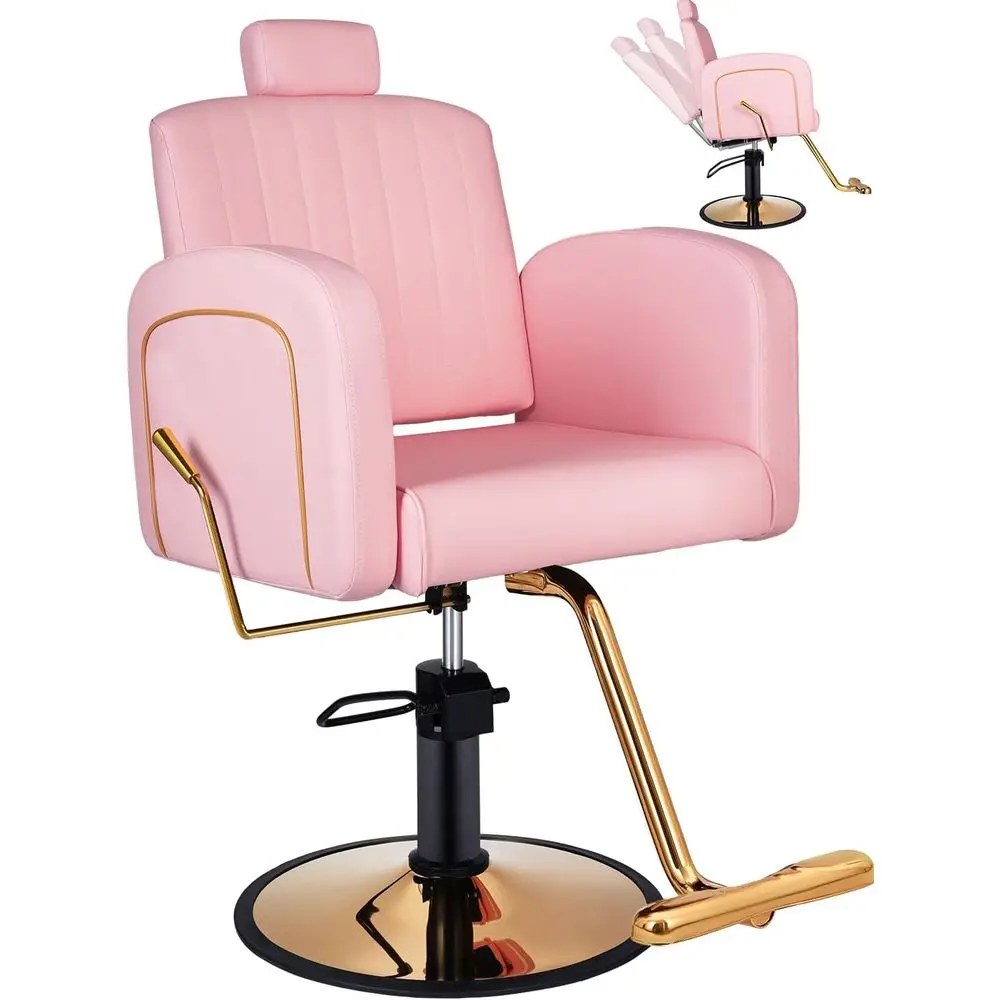 

Hydraulic Adjustable Pink & Gold Reclining Barber Chair for Salon, Spa, or Home Use