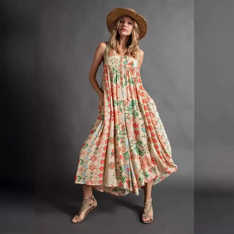 

Summer New Women's Retro Printed Loose Sleeveless Jumpsuit Fashionable V-neck Button Casual Shoulder Strap Jumpsuit S-3XL