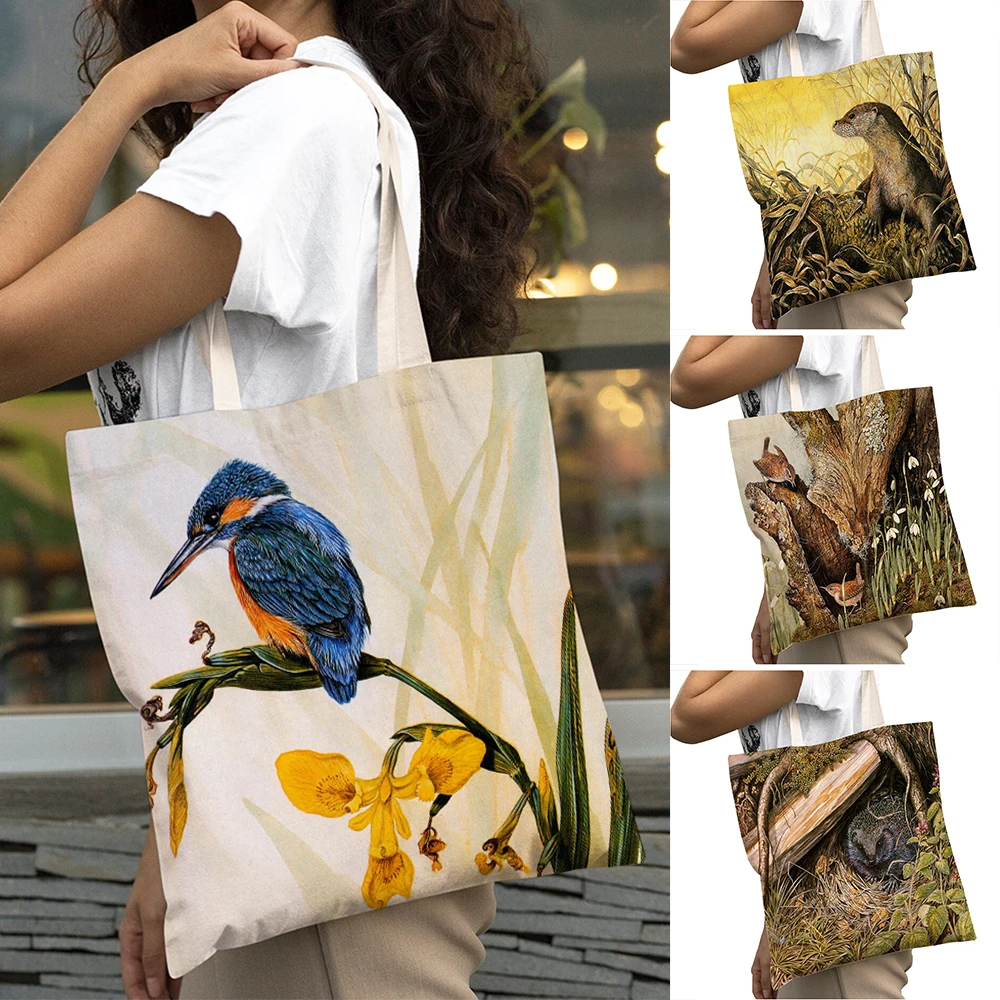 

Watercolor Women Shopping Bag Fox Bird Squirrel Double Print Reusable Big Capacity Cartoon Animal Casual Tote Shoulder Handbag