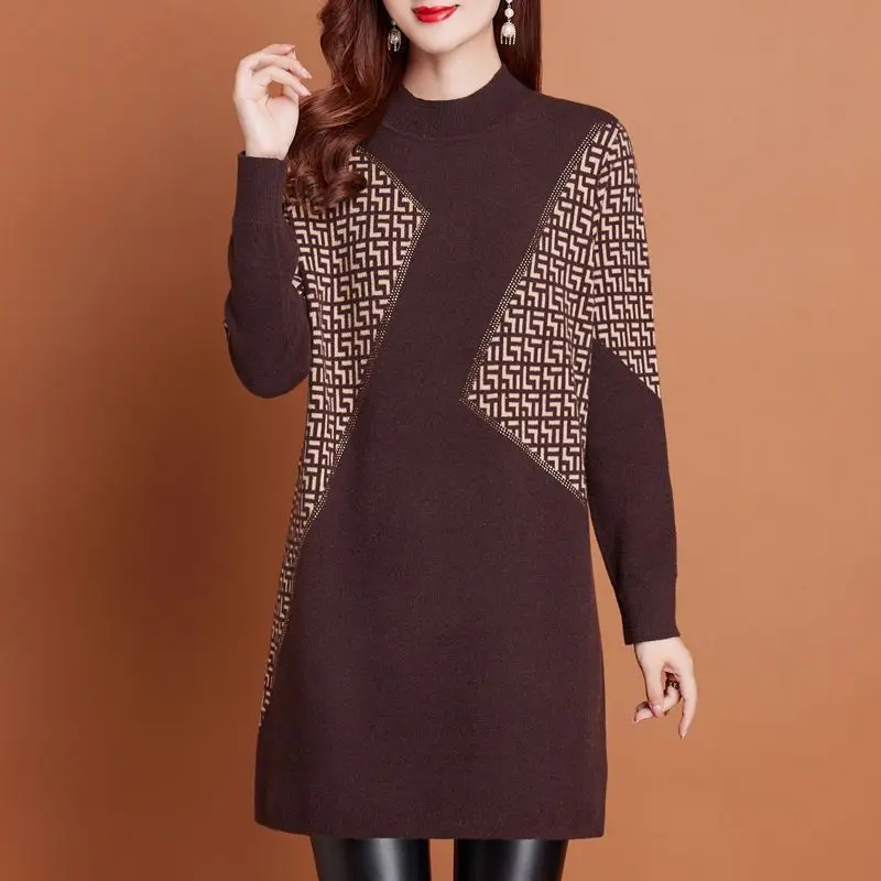 Elegante outono-inverno nova chegada camisola de malha de comprimento médio camada de base alta pescoço solto emagrecimento meados de comprimento longo camisola de malha