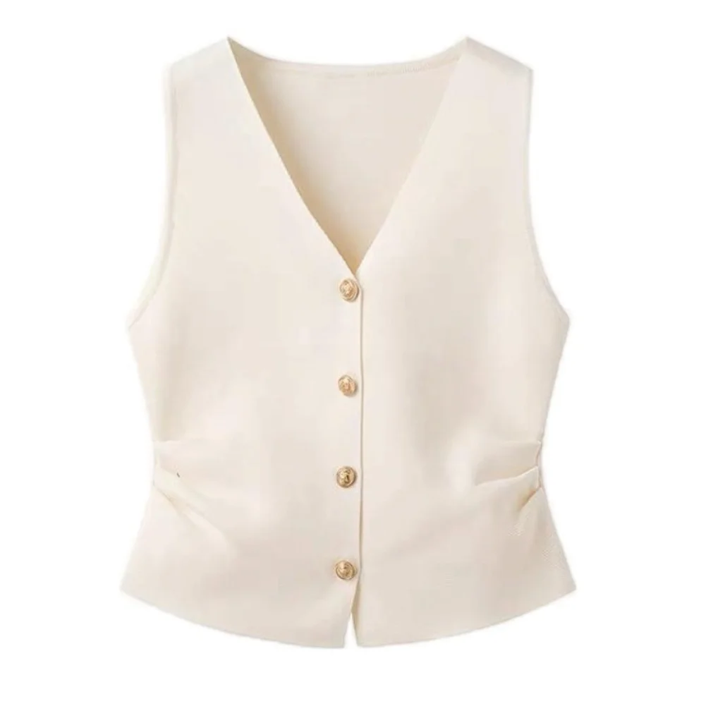 

Retro Style Sleeveless Knitted Vest for Women Single Breasted Tank Top with Slight Elasticity Suitable for All Seasons