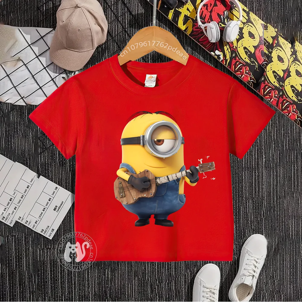 Teen Hip Hop Style 100% cotone t-shirt bambini Cartoon Minions playing guitar stampato girocollo t-shirt in cotone ragazzi ragazze manica corta