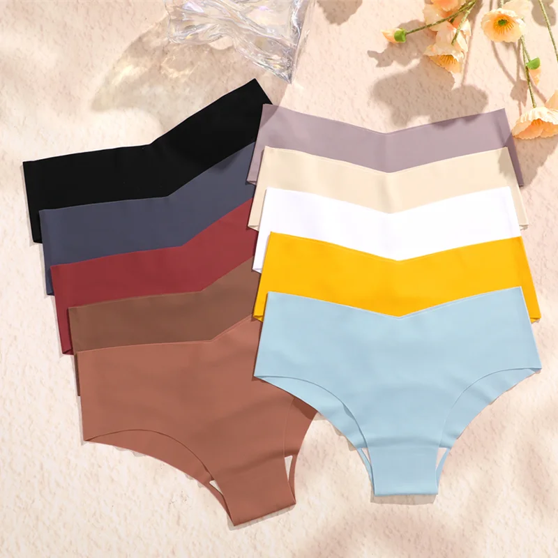 4Pcs Seamless Panties For Women Silky Maillard Low Waist V-Waist Briefs Cotton Crotch Breathable Underwear Quick-Drying Underwea