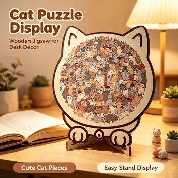 Colorful Wooden Cat Puzzle, Unique Animal Shape Jigsaw Puzzle For Home Decor, Fun Educatio