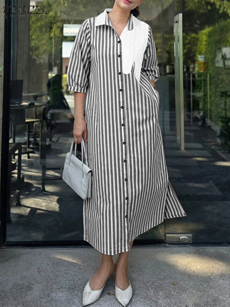 2025ZANZEA Mode Herbst Hemd Kleid Frauen Elegante 3/4 Hülse Gestreiften Arbeit Kleider Büro Tragen Sommerkleid Patchwork Vestidos Robe