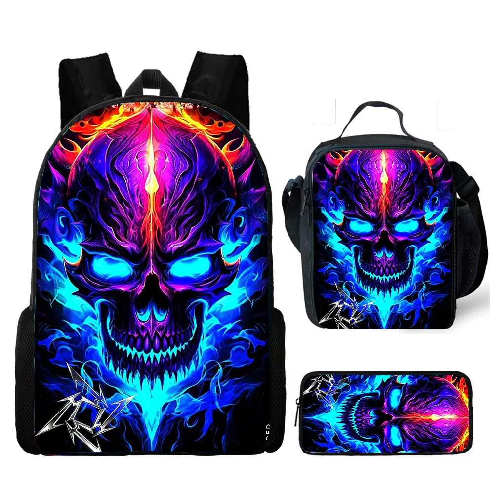Hot selling skull backpack three piece set printed primary and secondary school backpack meal bag pencil case