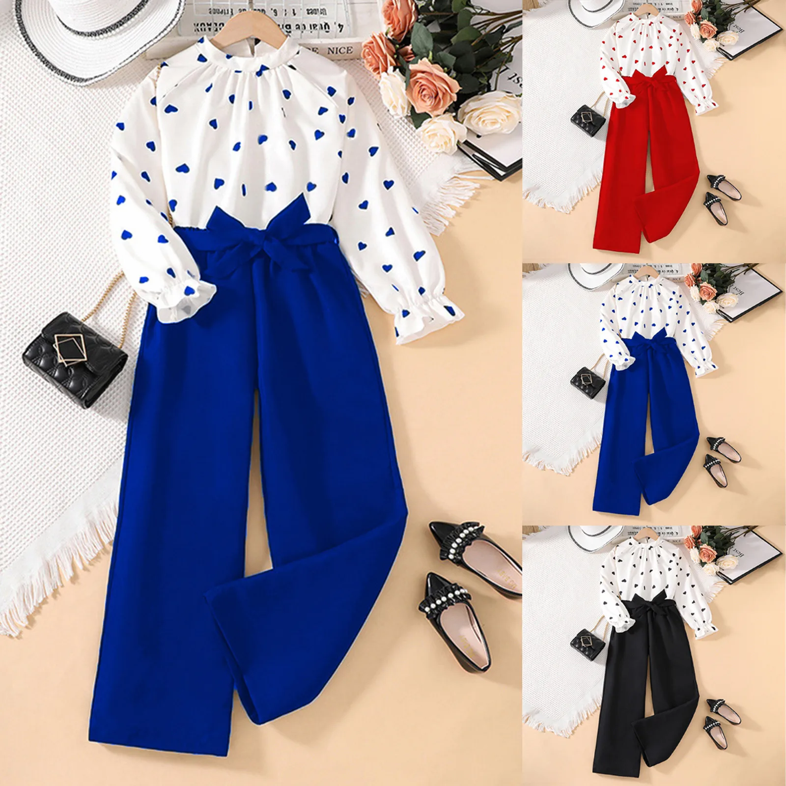 2024 New Clothing Set Girls Long Sleeve O Neck Ruffles Print Heart T-shirt Red Pants 2 Pcs Sets Casual Girls Clothes Set 8-12T