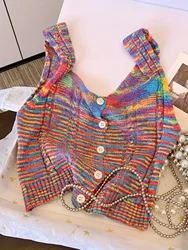2025 New Tie Dye Button Front Knitted Top  Vacation Sleeveless Tank Top For Spring & Summer Women's Clothing Crop Top