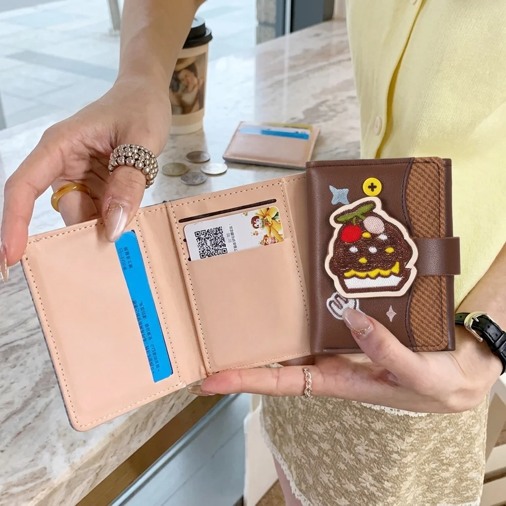 Women's Cute Cartoon Cake Embroidered Tri-fold Wallet PU Leather Small Short Purse Multi-Card Case with ID Window for Daily Use