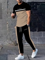 Los Angeles Colorblock Print, Men's Casual Short Sleeve Long Pants Two Piece Set for Spring/Summer Everyday Wear Gift Option
