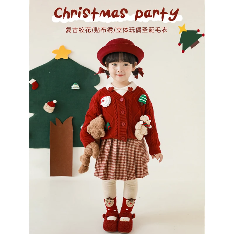 

Winter New Thicken Warm Girls Vintage Christmas Sweater Cardigan Coat Children Knit Jacket