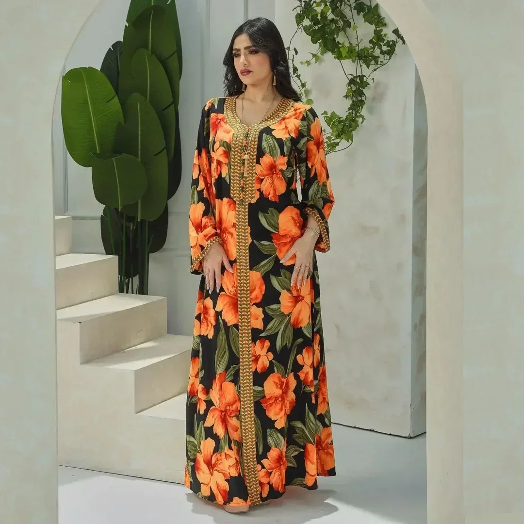 

Retro Orange Abaya Floral Printed Dress Muslim Long Jalabiya Women Braid V-neck Gown Dubai Arab Kaftan Islam Clothing Loose Robe