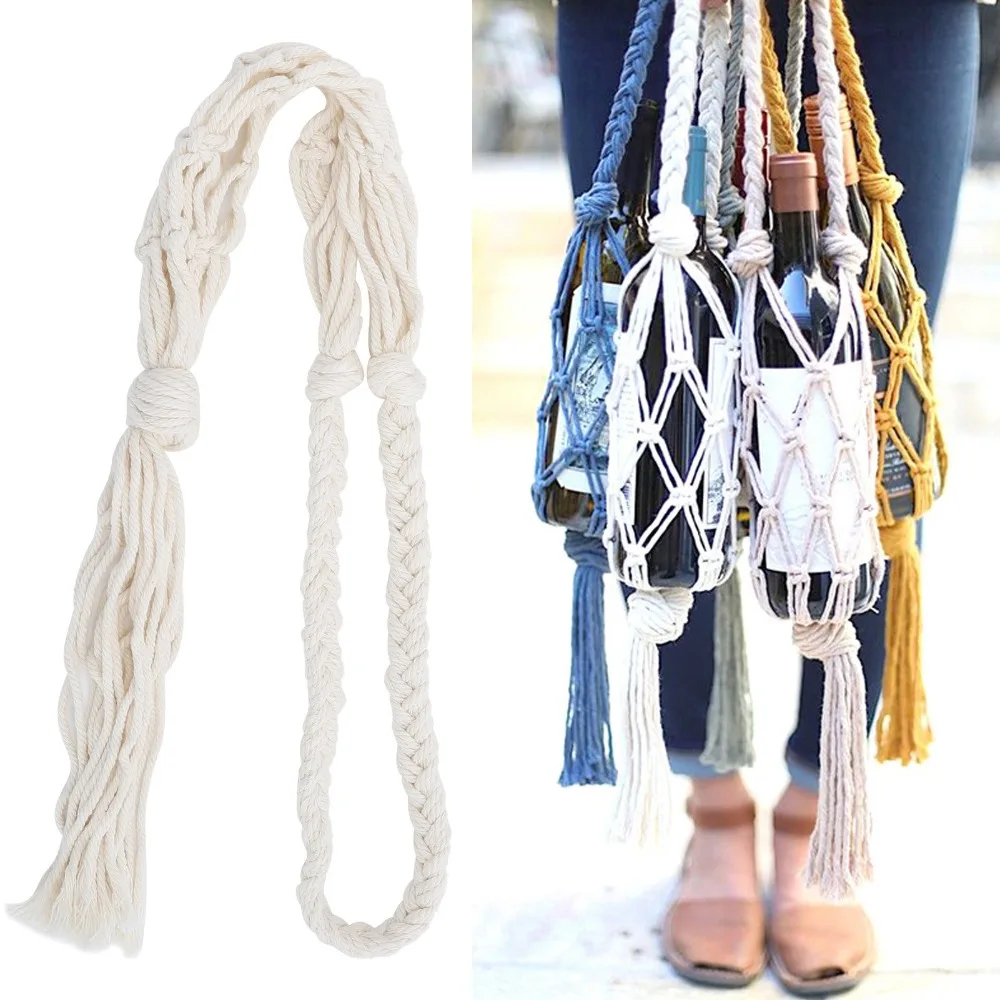 

Bar Decor Hand Knitting Wine Bottle Holder Cotton Rope Bohemian Style Bottle Storage Bag Water Bottle Carrier Hiking Activity