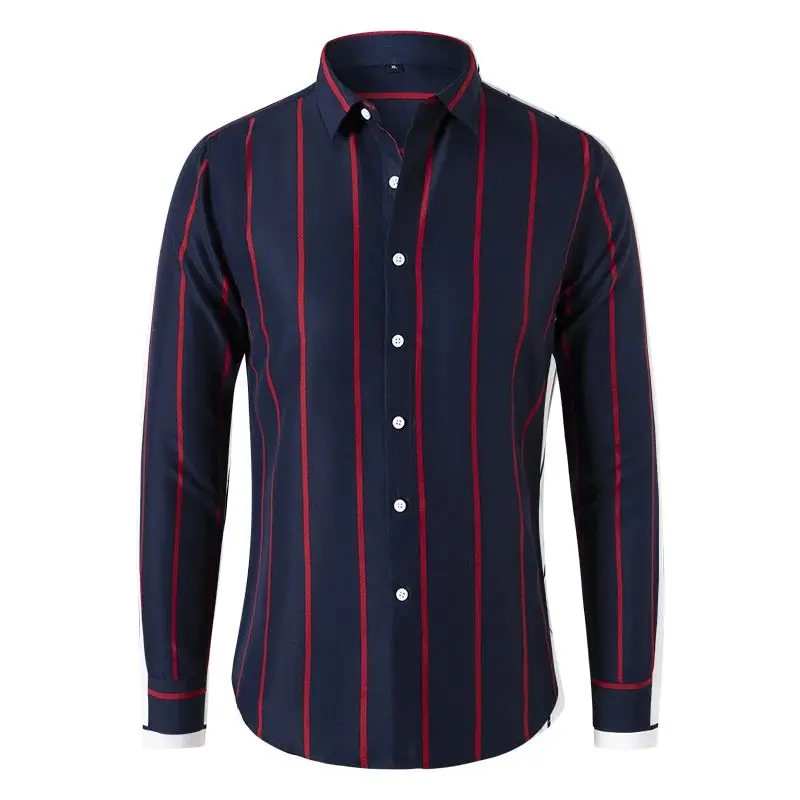 2023 New Fashion Men's Striped Shirt Business Casual Long Sleeve  Neck Fleece Lined Thickened Autumn Season Wide Fit