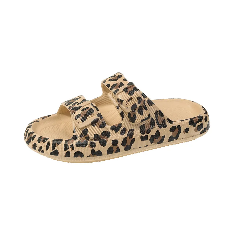 Leopard Soft Sole Pillow Slippers for Women Double Buckle Thick Platform Cloud Slides Sandals Woman Summer Non-Slip Flip Flops