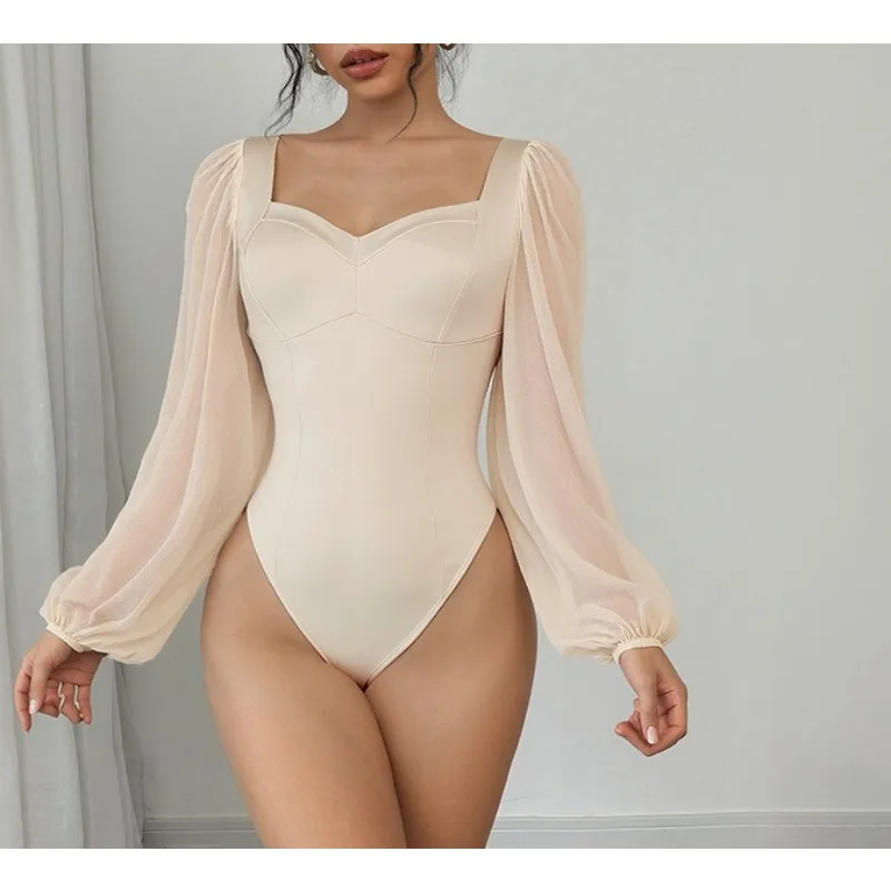 

2025 Autumn New Sexy Vintage Elegant Fitted Long-Sleeve Solid Color Square Neck Mesh Jumpsuit