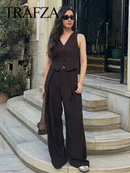 TRAFZA Female Sets V-Neck Sleeveless Side Slit Single Breasted Vest+High Waist Pocket Sashes Pants Summer Suit Woman 2024 Trendy