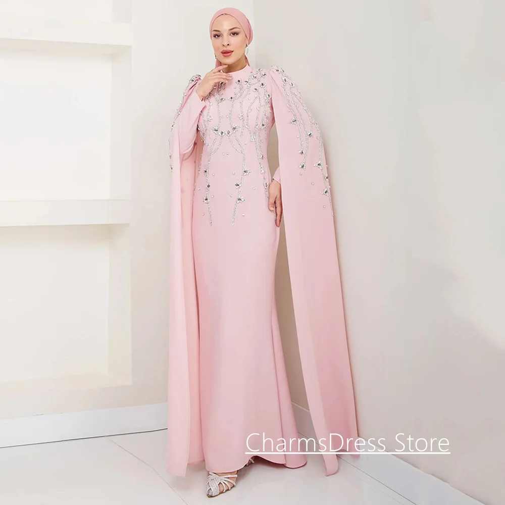 

Islamic Evening Dress Customized High Neck Full Sleeves Cape Crystal Beading Formal Prom Gown Wedding Party Dresses
