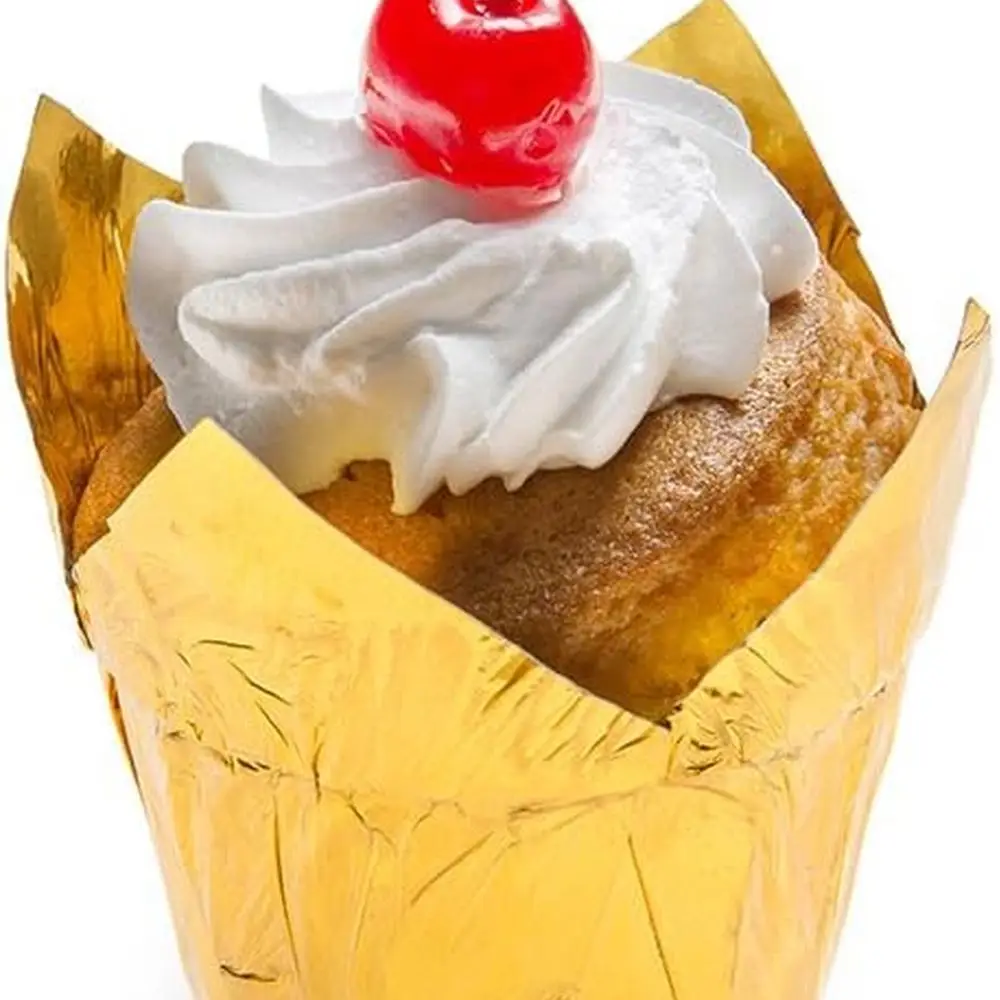

Gold Tulip-Shaped Disposable Cupcake Liners, 200-Pack, Oven Safe, for Mini Cupcakes, Parties & Weddings