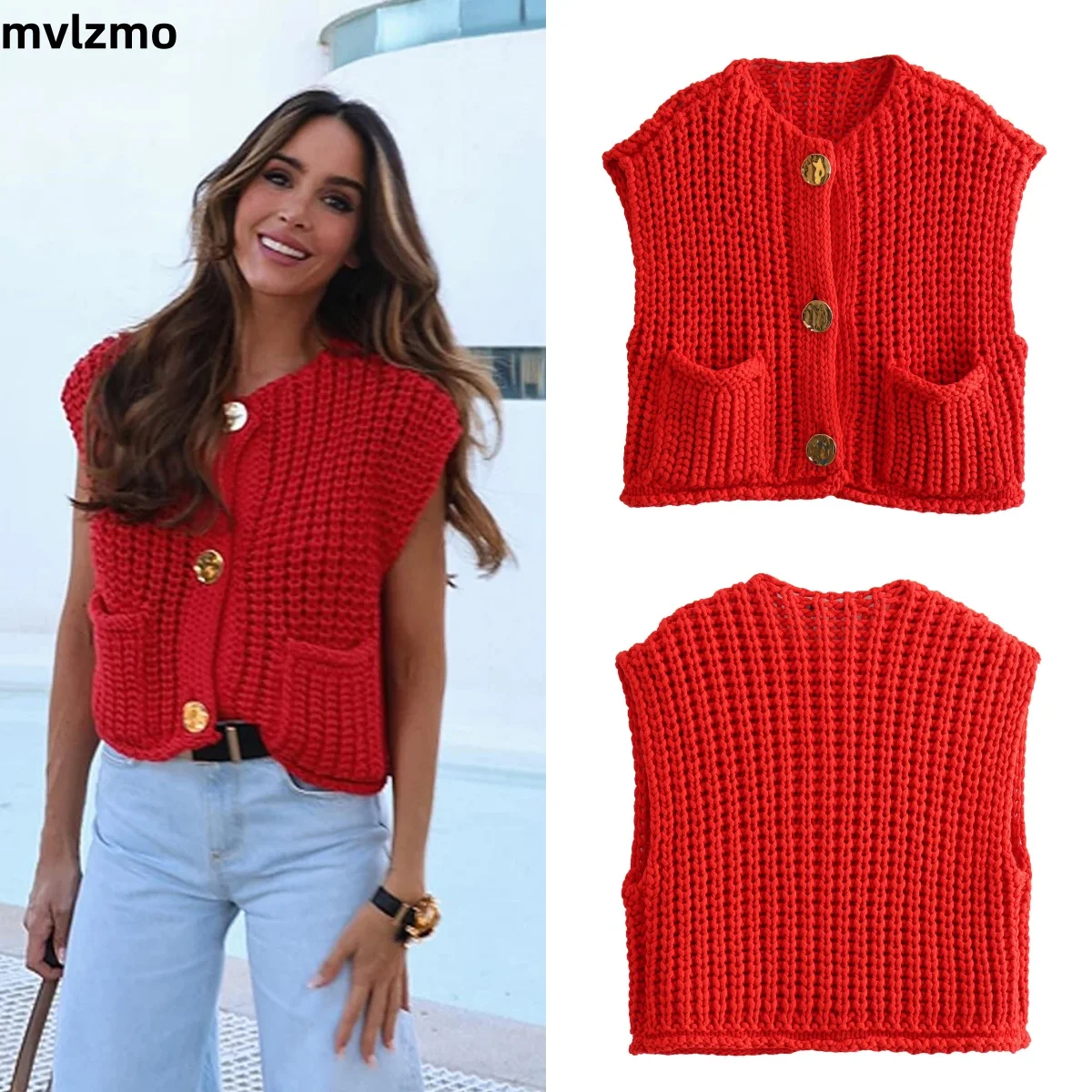 Fashion Solid O-neck Knitted Vest Women 2024 Spring Summer Sleeveless Single Breasted Pockets Vests Female High Street Chic Tops