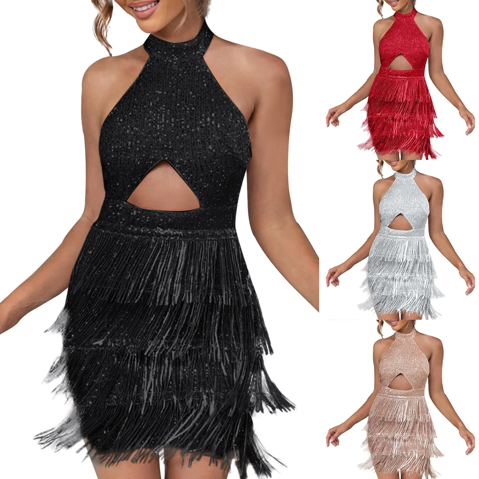 Sexy Beaded Sleeveless Halter Women'S Dress Belly Button Sequin Fringe Female Elegant Formal Dresses Cocktail Party Vestidos