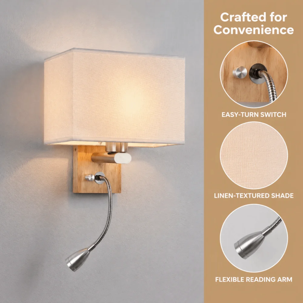 85-265V Wall Sconce Light with Rotary Switch E26/E27 Compatible LED Wall Lamp Swing Arm Adjustable Wooden Base Sconce Corridor