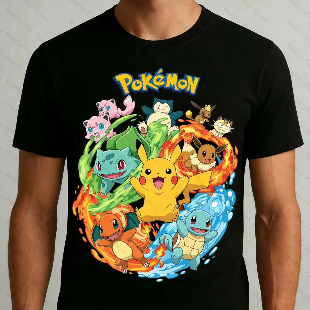 T-shirt à manches courtes décontracté et tendance Bandai avec imprimé Pokémon Spirit pour enfants, femmes et hommes