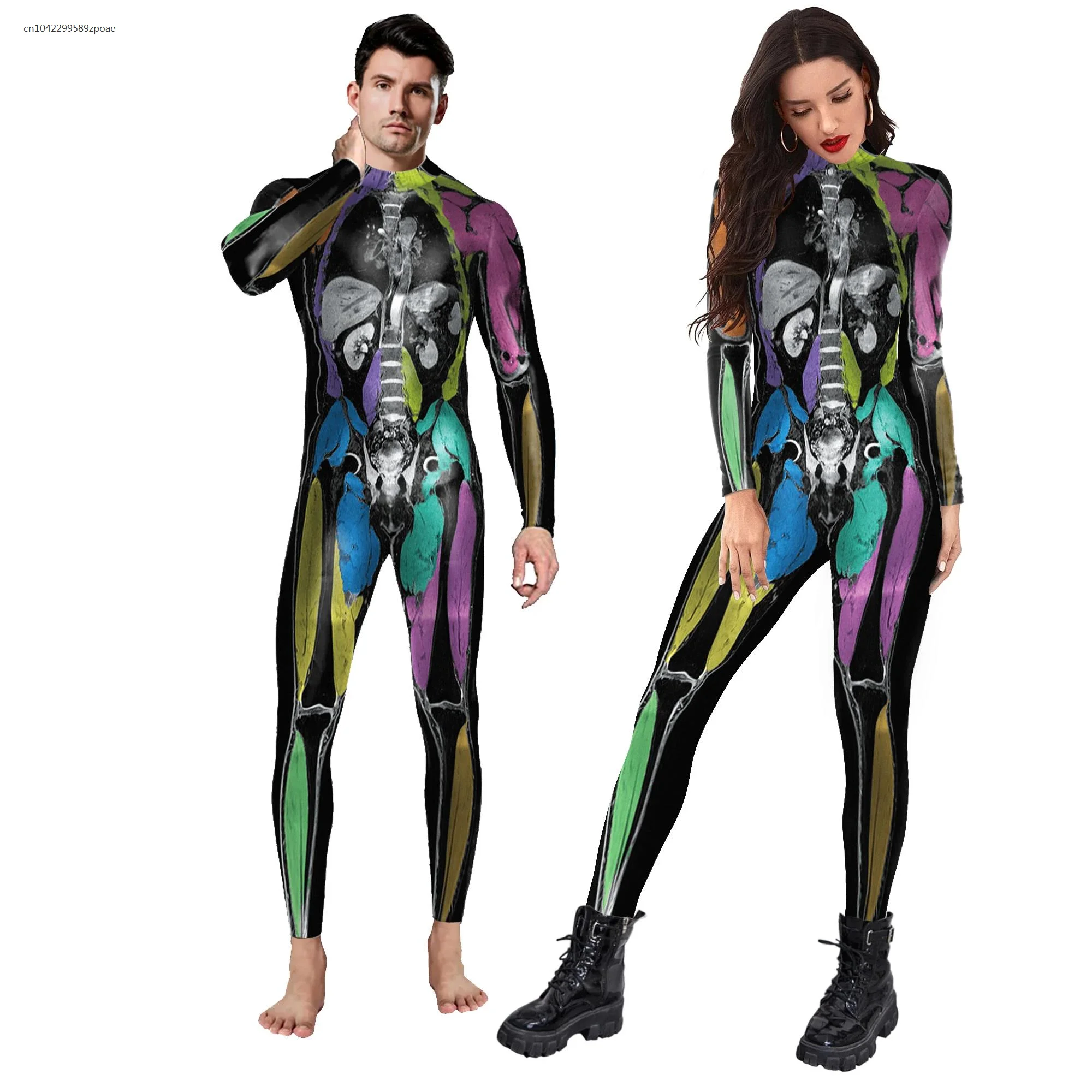 2024 Halloween Carnival 3D Skeleton Printed Cosplay Costume Women Sexy Spandex Slim Tight Zentai Bodysuits Jumpsuits