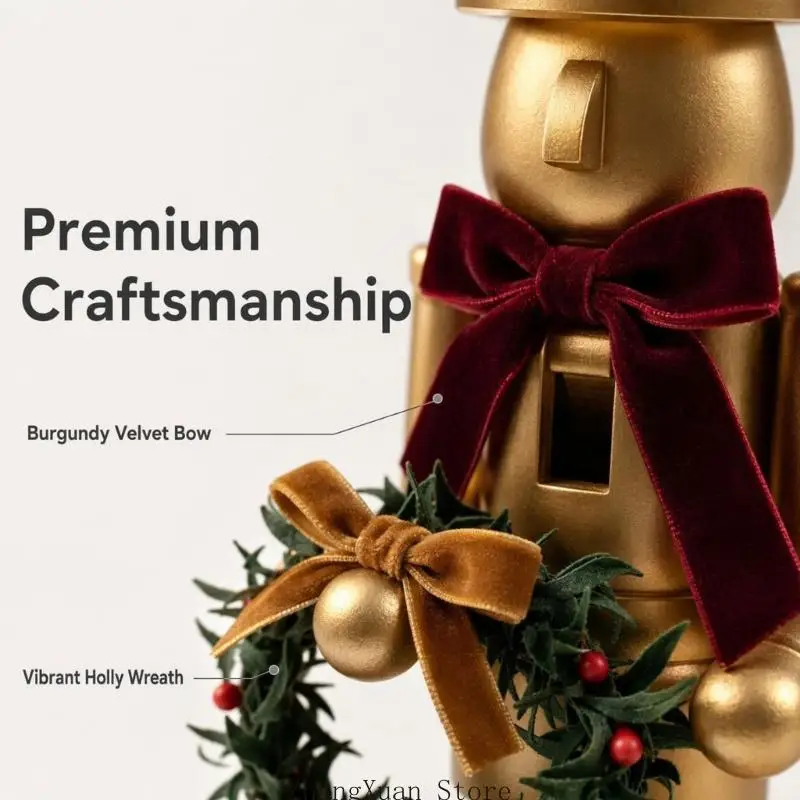Weihnachts-Nussknacker-Figur, Tischdekoration aus Holz, mattes Gold-Finish mit Kranz-Akzent, 38,1 große Kaminsimse und – Detail 7