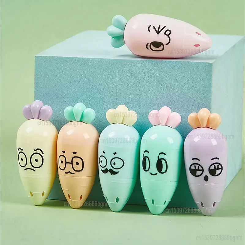 6 Color Set Cute Carrot Mini Highlighter Marker Hand Account Drawing Fluorecent Pen Kids Art Graffiti Office School Stationery