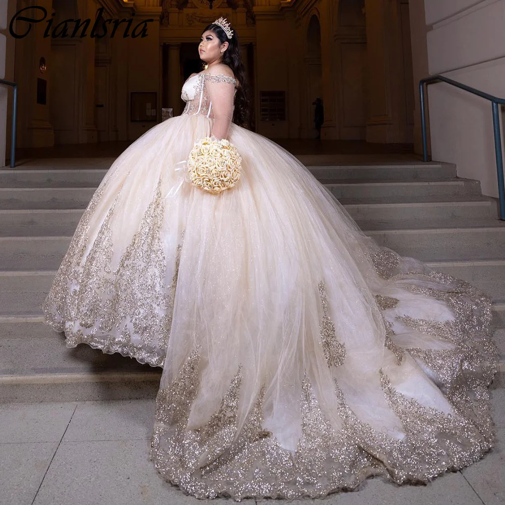 

Champagne Illusion Off The Shoulder Ball Gown Quinceanera Dresses With Cape Sequined Appliques Lace Corset Vestidos De 15 Años