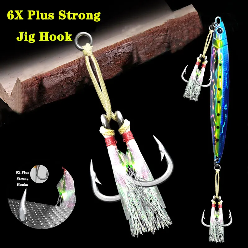 

AS 10Pairs Fishing Double Barbed Jig Hook Kevlar Line 6X Plus Strong Strength Slow/Fast Jigging Assist Hooks Jig Lure Hooks