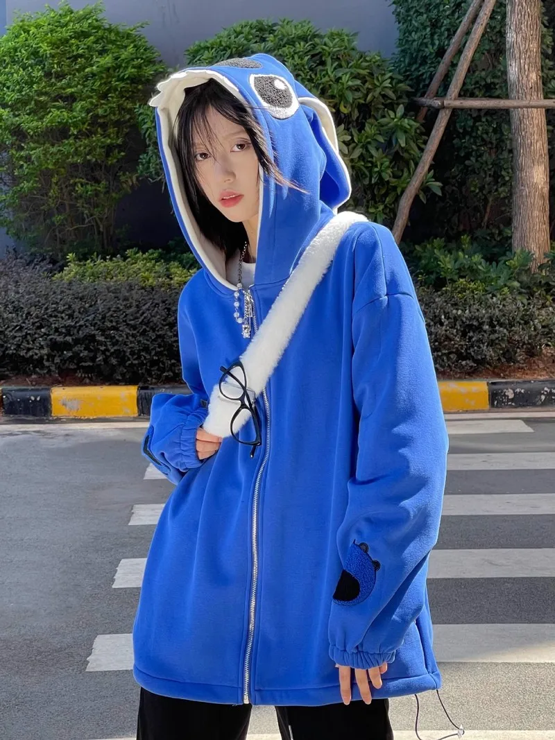 Disney Stitch Cartoon Fashion Jackets Zip-Up Sweatshirt Cotton Y2k Plush Thick Autumn Winter Hooded Hoodies Coat Clothes