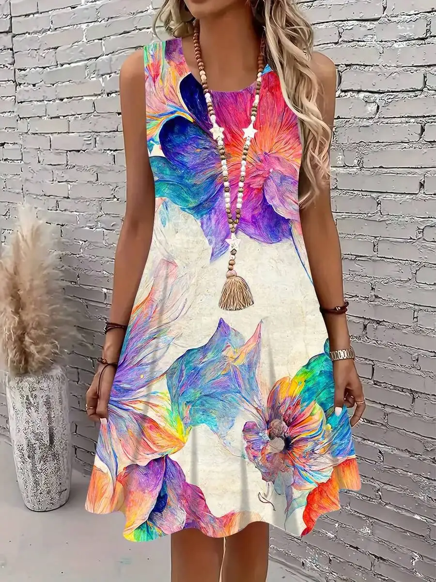 

Colorful Floral Print Sleeveless Boho Mini Dress For Women Summer Beach Vacation Casual Wear