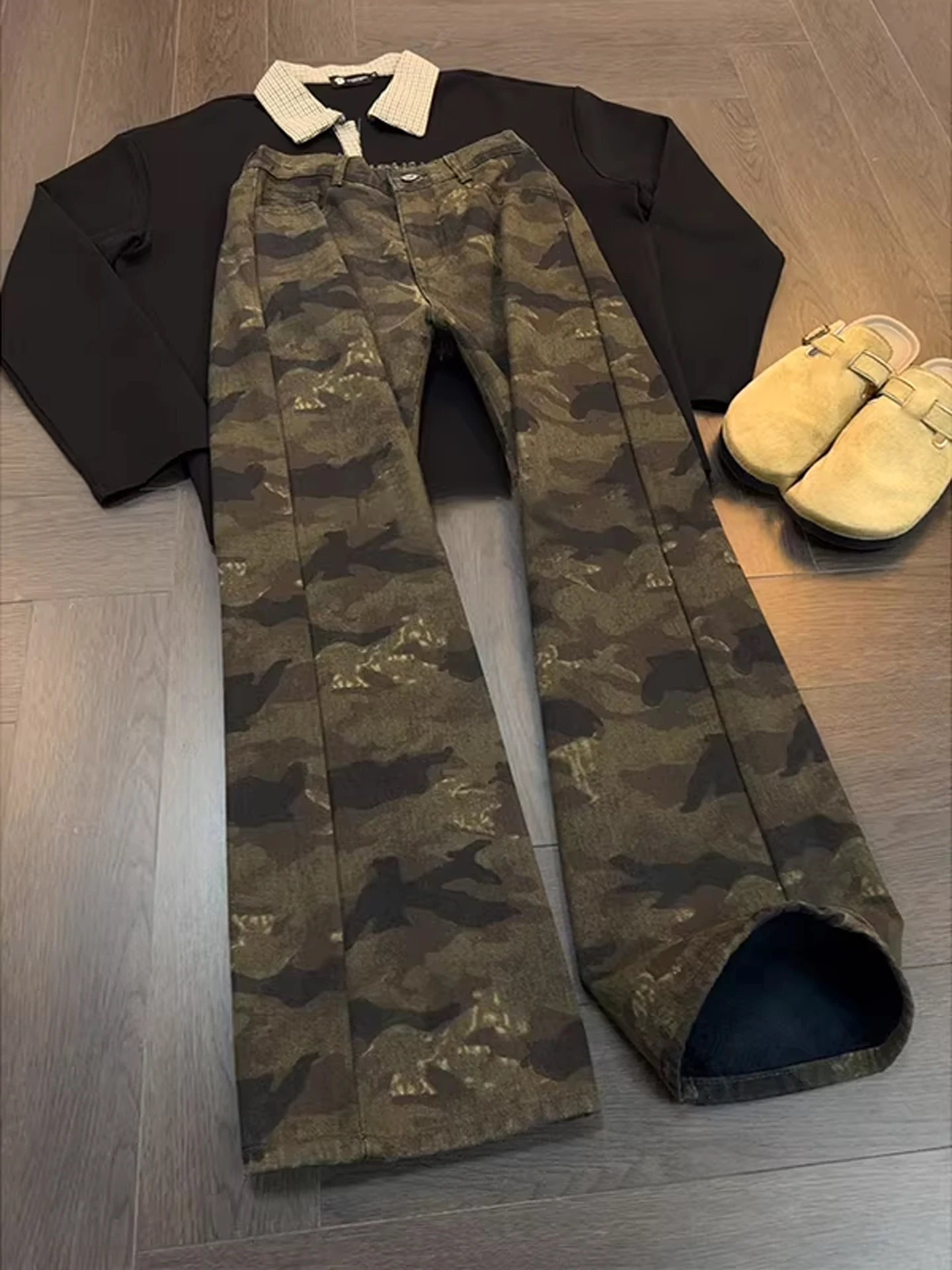 

American Style Fleece Lined Camouflage Jeans Men's Thickened Winter Loose Straight Work Trousers Tall Extended Bell Bottoms