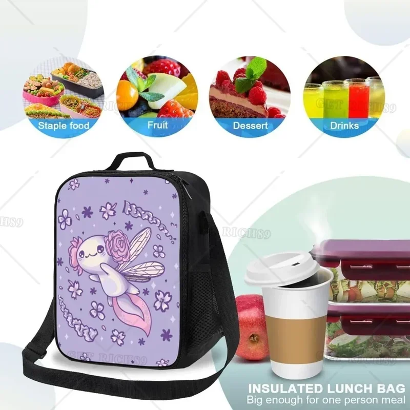 Cute Kawaii Axolotl Purple Cooler Lunch Bag Insulated Lunch Box with Adjustable Shoulder Strap for Women Men for Office Picnic