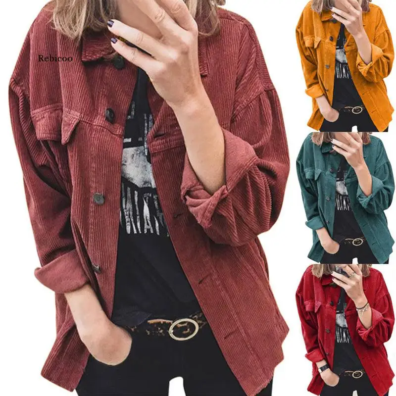 

Women Casual Button Long Sleeve Lapel Solid Color Cardigan 2021 Female Corduroy Warm Shirt Coats with Pocket Stylish Jackets Pop
