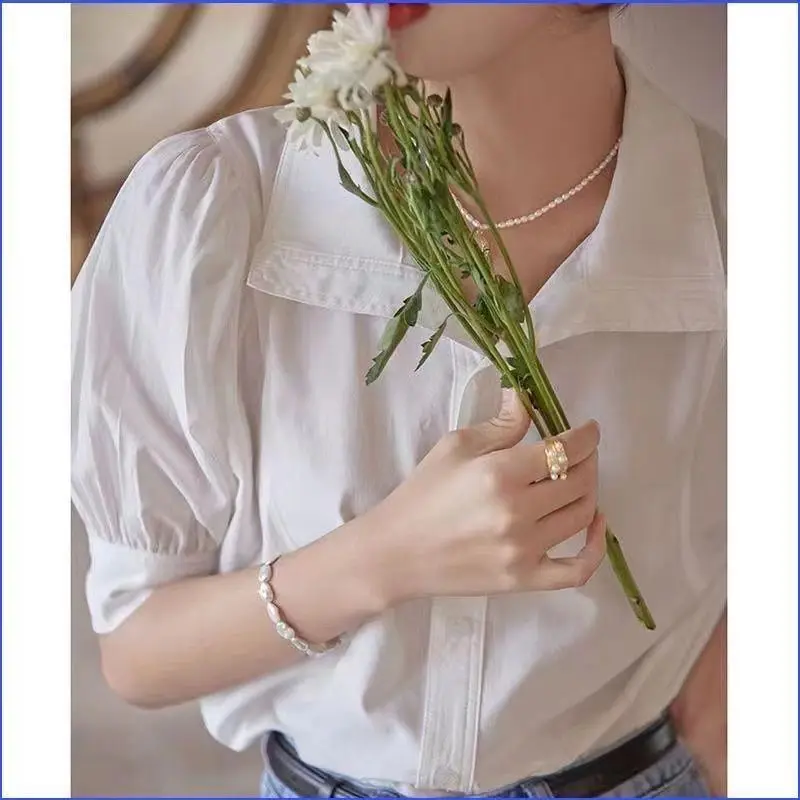 Summer Simplicity Buttons Solid Color Turn-down Collar Short Sleeve Blouse Female Fashion Shirts Women Clothing All-match Tops