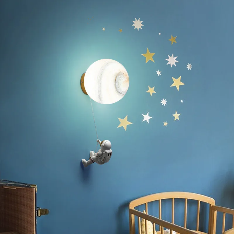 Modern Moon Astronaut Cartoon LED Wall Lamp Children’s Room Aisle Light Background Creative Bedside Sconces Home Decor Lighting