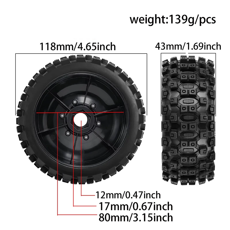 1/8 4.65" OD Buggy Wheels Tires 17mm Hex Upgrade For Traxxas Arrma Typhon Talion Losi 8ight HPI Vorza Flux view 3