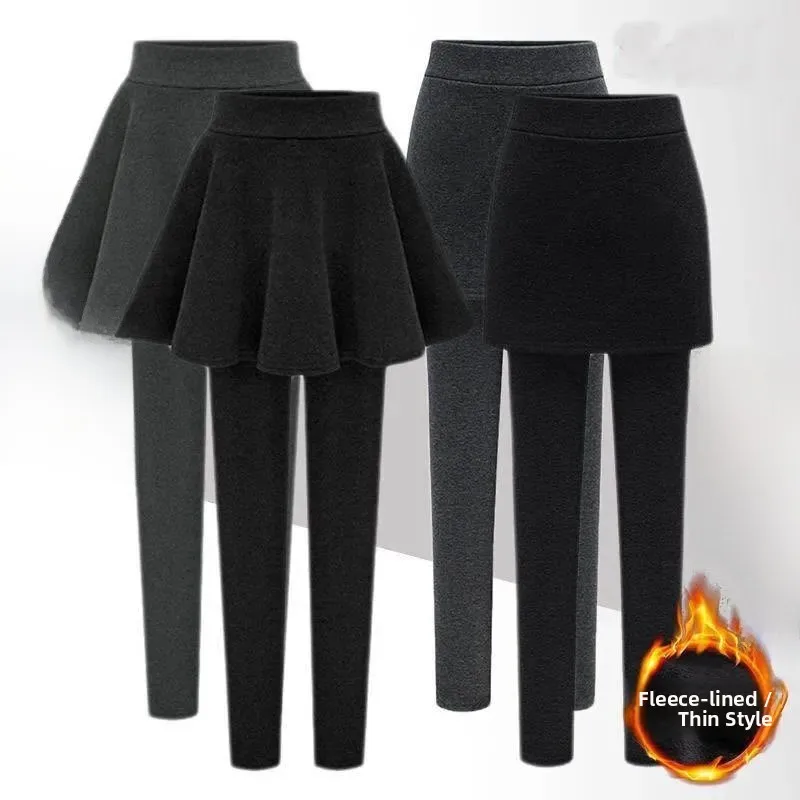 plus Size Fleece Lined Thick Warm Outerwear Fake Two-Piece Base Layer Pants Skirt Women Autumn Winter plus Size Umbrella Skir...