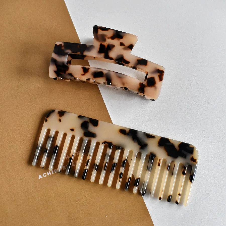 2-teiliges Damen-Haarkamm-Set aus Acetat mit breiten Zähnen und rechteckiger Haarklammer – tragbare Stylings-Kombination – Detail 7