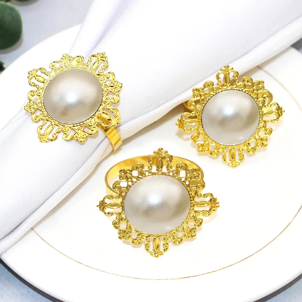 12pcs/lot Simple and fashionable pearl flower shaped napkin ring gold napkin button napkin ring