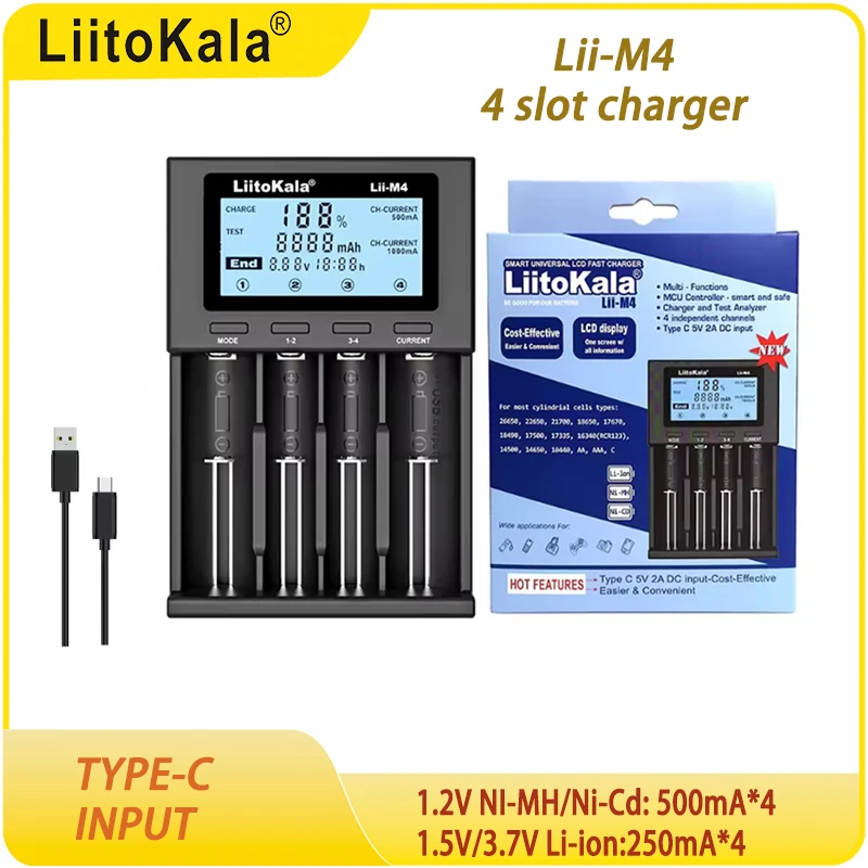 Liitokala Lii-M4S M4 202 402 18650 Intelligent Battery Charger, Suitable for 26650 21700 32650 18500 20700 16340 CR123A AA