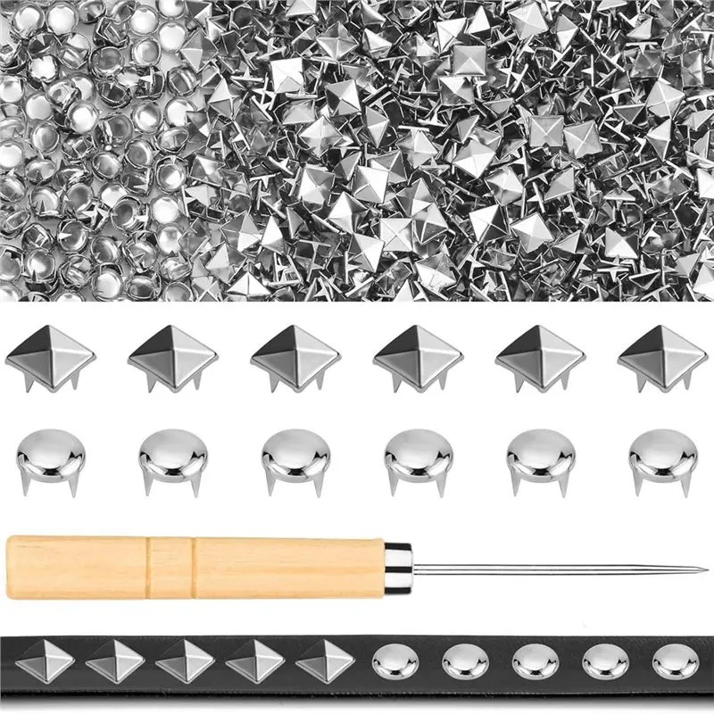 

JFB Metal Studs,10Mm Square Pyramid& Round Dome 1250 PCS Set For Crafts With Silver Spikes Awl For Clothes, Pockets Acket