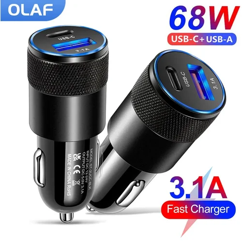 Olaf USB C타입 차량용 전화 어댑터, 고속 충전 3.0, 68W, PD, 아이폰 13, 12, 샤오미, 화웨이, 삼성 S21 