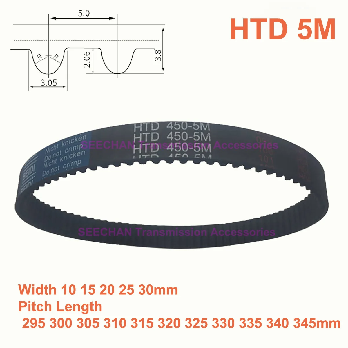 

HTD 5M Rubber Timing Belt Width 10 15 20 25 30mm Synchronous Belt Pitch Length 295 300 305 310 315 320 325 330 335 340 345mm