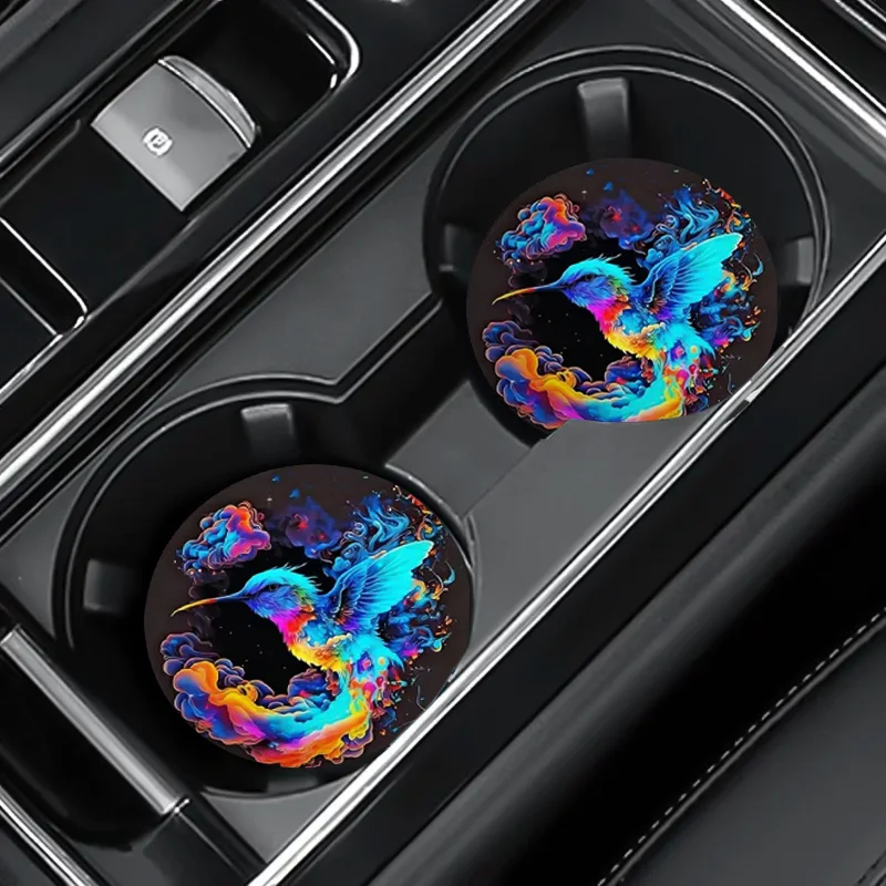 2pcs/set Vibrant Hummingbird PU Synthetic Synthetic Leather Car Cup Holder Coasters - Anti-Slip, Durable & Easy-to-Clean Auto Dr