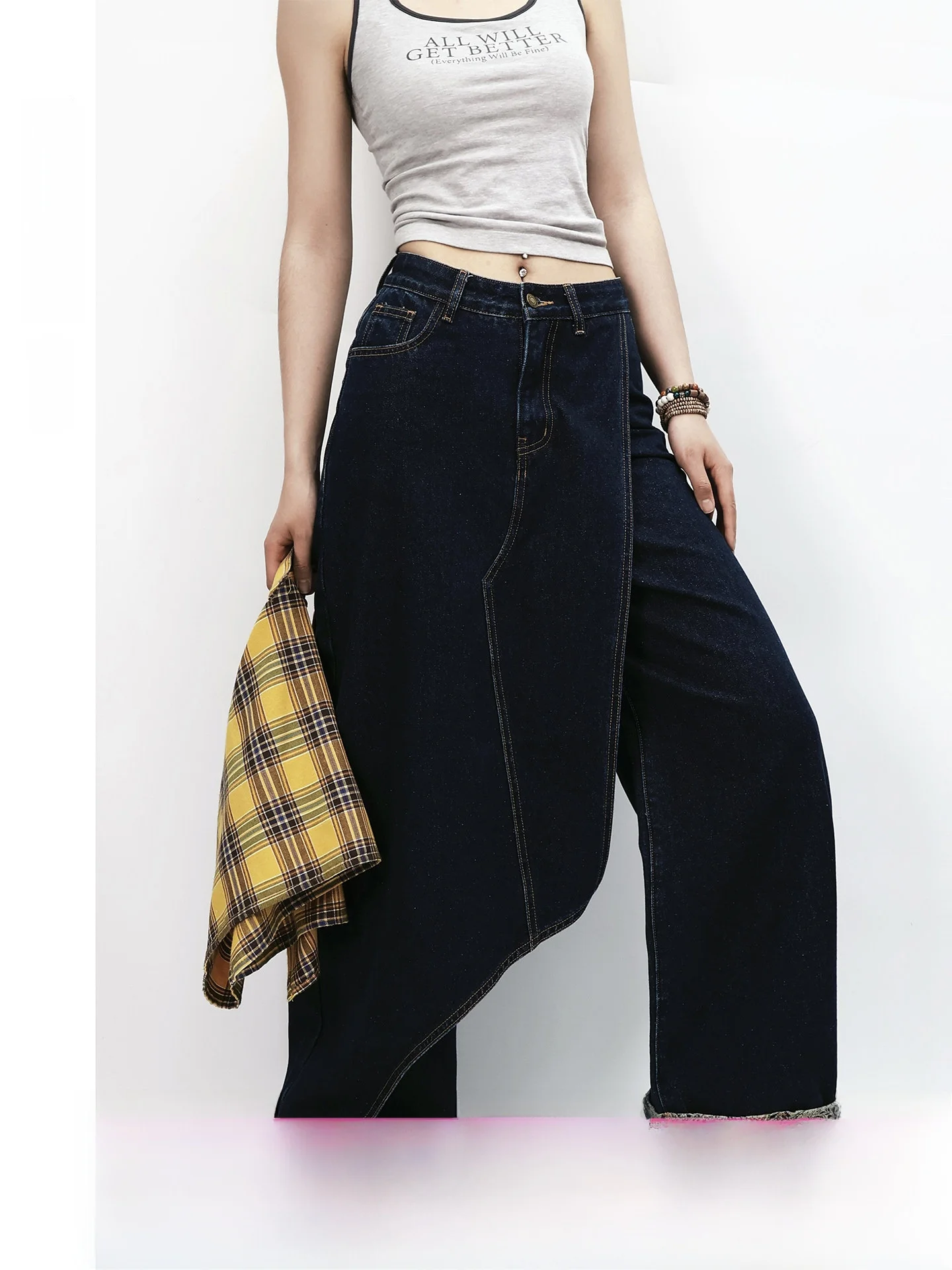 

Cool Dark Retro Denim Jeans Women's Asymmetric Splicing Loose Slim Straight Leg Cotton Casual Style Natural Waist Jeans